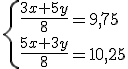 3$ \left{\frac{3x+5y}{8}=9,75 \\ \frac{5x + 3y}{8} = 10,25 